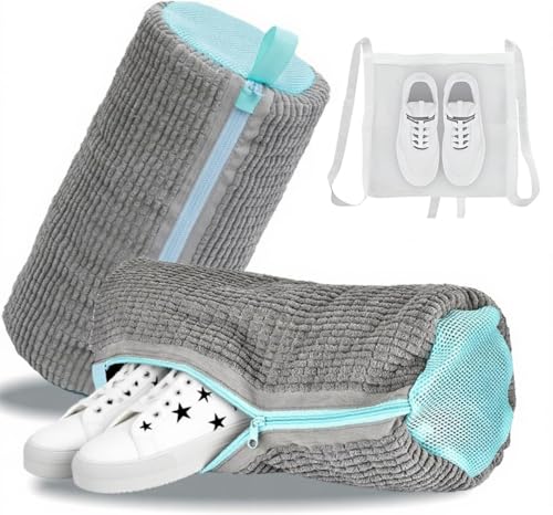 Shoe Washing Machine Bag for Washer & Dryer – Reusable Laundry Shoe Cleaning Bags for Sneakers, Tennis Shoes & Trainers – Zippered Mesh Shoe Washer Protector, Grey (2 Pack) - color: Gray