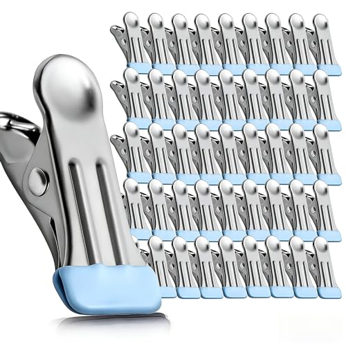 Stainless Steel Clothespins with Soft Rubber Tips, 20-Pack Blue Metal Laundry Clips, Non-Slip Chip Bag Clips for Food Storage, Rust-Resistant Hanging Pins for Drying Clothes, Towels, and Photos