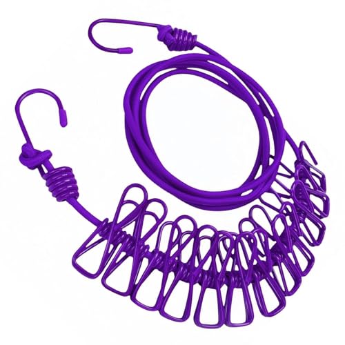 Portable Clothesline with 12 Clips, Stretch Travel Drying Rope with Stainless Steel Hooks for Camping Indoor Use.(Purple) - color: Purple