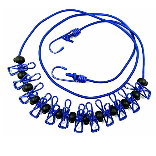 Adjustable Elastic Clothesline with Clips and Positioning Balls Portable Retractable Windproof Laundry Hanging Rope Anti-Skid Washing Line with Drawstring Bag (Dark Blue) - color: Dark Blue