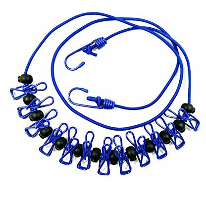 Adjustable Elastic Clothesline with Clips and Positioning Balls Portable Retractable Windproof Laundry Hanging Rope Anti-Skid Washing Line with Drawstring Bag (Dark Blue) - color: Dark Blue
