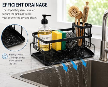 Kitchen Sink Caddy Organizer with Removable Drain Tray, Rustproof Sponge Holder for Kitchen Counter, Carbon Steel Organizer for Soap Dispenser, Scrub Brush & Cleaning Accessories.