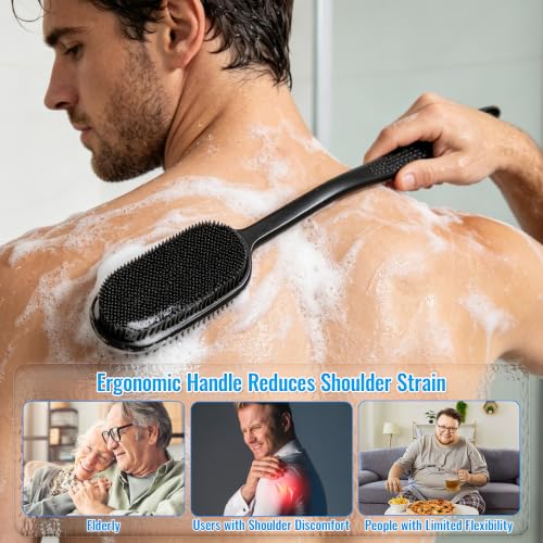 Silicone Back Scrubber for Shower, Bath Brush with Long Handle - color: Black
