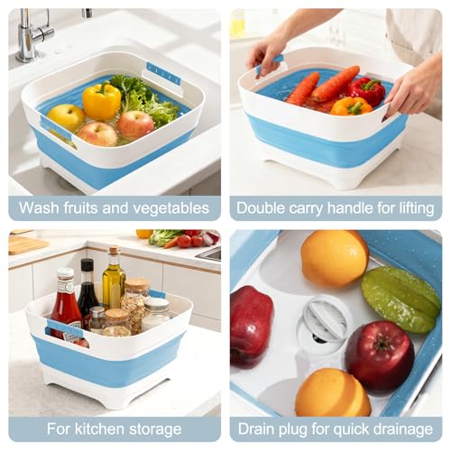 Collapsible Dish Basin with Drain Plug, 2.4 Gal 9L Foldable Wash Basin, Portable Sink Tub for Kitchen, Baby Bottles, Camping, RV, Vegetable Washing and Beverage Tub, Blue - color: Blue