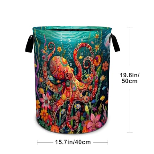 Octopus Flower Laundry Basket Foldable Laundry Hamper With Handles Clothes Storage Bucket Organizer Laundry Bag For Bedroom Bathroom Laundry Storage 19.6 x 15.7 - color: Octopus Flower