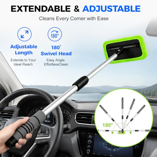 XINDELL Interior Windshield Cleaner Tool – Car Window Cleaning Tool 22inch Extendable Long Handle for Easy Cleaning, 9pcs Reusable Microfiber Pads, Streak-Free Interior & Exterior Auto Glass Cleaner - size: 22in