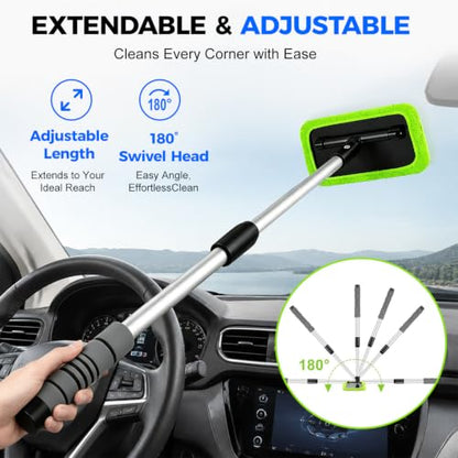 XINDELL Interior Windshield Cleaner Tool – Car Window Cleaning Tool 22inch Extendable Long Handle for Easy Cleaning, 9pcs Reusable Microfiber Pads, Streak-Free Interior & Exterior Auto Glass Cleaner - size: 22in