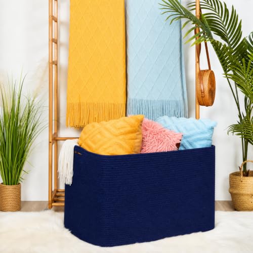 MINTWOOD Design 112L Extra Large Blanket Basket Holder Living Room, 25"x17"x16" Rectangle Rope Woven Storage Basket with Handles for Laundry, Towels, Shoes, Dog Toy Organizer Bin Box, Full Navy - color: Full Navy