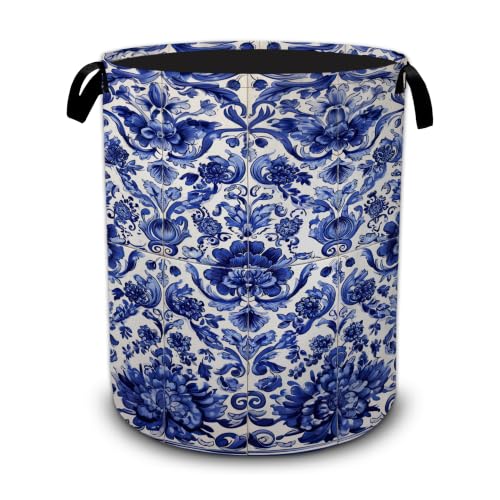 Blue and White Porcelain Laundry Basket,Flowers Foldable Oxford Laundry Hamper with Handles,Collapsible Clothes Storage Basket for Bedroom,Bathroom,or Laundry Room,20.8 x 16 Inches - color: Blue and White Porcelain Flowers