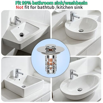 Sink Stopper Drain Hair Catcher,Bathroom Sink Drain Strainer with Removable Anti-Clogging Basket,Easy to Install Bathroom Sink Stopper Drain Catcher for 1.06-1.61in Basin Washstand Hole - color: Silver