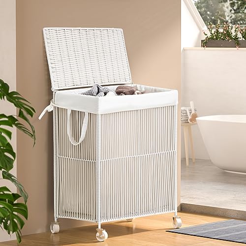 WOWLIVE Rolling Laundry Basket Wheels, Handwoven Laundry Hamper with Lid - color: Creamy White, size: 115L(22 x 13 x 26.4 Inches)