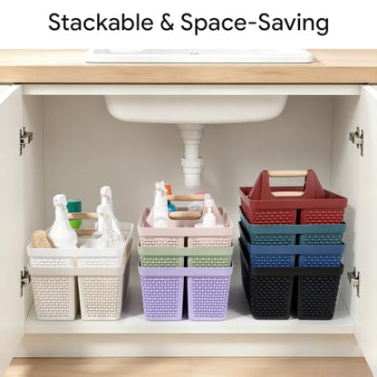 UUJOLY Portable Plastic Shower Caddy Basket with Wooden Handle, Red - color: Red
