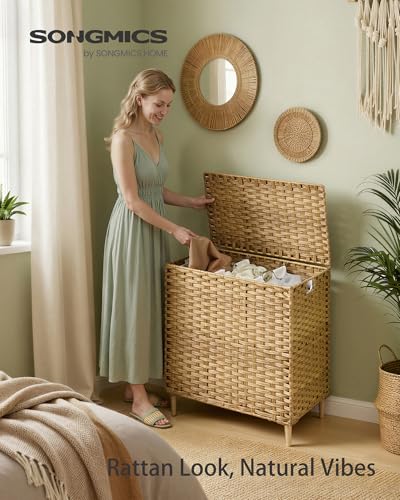 SONGMICS 3-Section Laundry Hamper with Lid, PE Rattan, 42 Gallons (160 L) - color: Goose Yellow, size: 160 L (3 Basket)