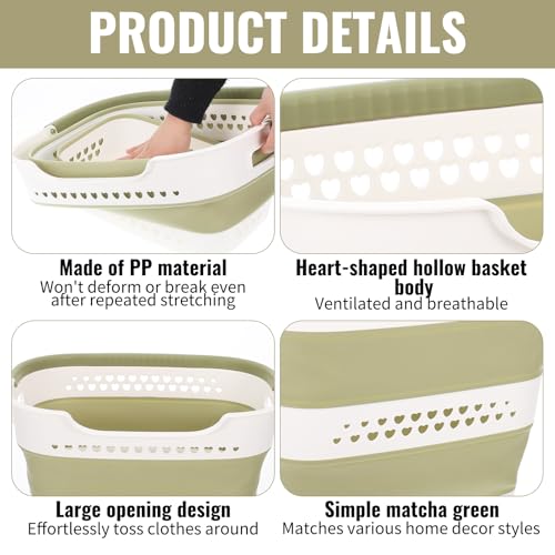 2 Pcs Collapsible Laundry Baskets for Clothes, 43L Plastic Laundry Hamper for Dorm Bedroom, Space Saving Pop-Up Laundry Hamper Container, Durable Foldable Laundry Basket with Handles (Matcha-Green) - color: Matcha-Green