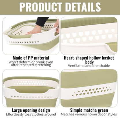 2 Pcs Collapsible Laundry Baskets for Clothes, 43L Plastic Laundry Hamper for Dorm Bedroom, Space Saving Pop-Up Laundry Hamper Container, Durable Foldable Laundry Basket with Handles (Matcha-Green) - color: Matcha-Green