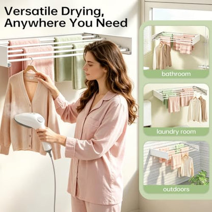 31.5in Wall Mounted Drying Rack Foldable Retractable 60lbs 5 Rods - size: 31.5inch