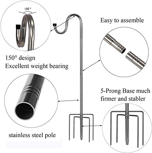 Ihomepark Shepherds Hook for Outdoor, 78 Inch Tall & 5/8 Inch Diameter Stainless Steel Heavy Duty Poles to Hang Outdoor Lights with 5 Prongs Base, Suitable for Bird Feeders or Wedding Decors(1pack) - color: Silver, size: 78inch