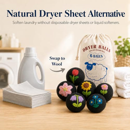 Wool Dryer Balls 6 Pack, New Zealand, Reusable Natural Fabric Softener - color: Black-flower