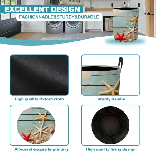 Starfish Seashell Collapsible Laundry Hamper,Blue Coastal Beach Waterproof Oxford Cloth Clothes Basket with Handles for Bathroom Bedroom Nursery Dorm Room,16" x 20" - color: Starfish Seashell,Blue Coastal Beach