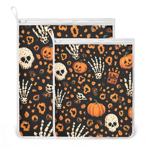 Mesh Laundry Bags Lingerie Bags for Washing Delicates 2 PCS Durable Wash Bag with Zipper Small and Medium Washable Halloween Leopard Pumpkin Skull Brown - color: Halloween Leopard Pumpkin Skull Brown