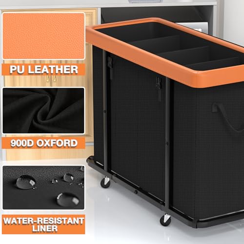 Laundry Basket with Wheels, 300L Leather Patchwork Laundry Sorter 4 Section - color: Black, size: 4 Section-300L