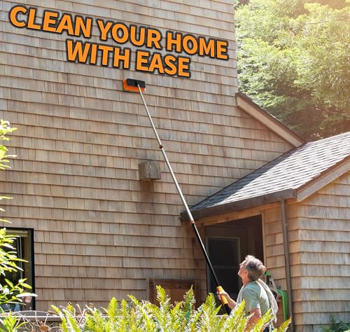 14 Foot Exterior House Cleaning Brush Set with 5-8 ft Extension Pole & Chenile Microfiber Wash Mitt // Vinyl Siding Brushes with Telescopic Pole & Window Squeegee Tool // Extension Scrub Brush Set