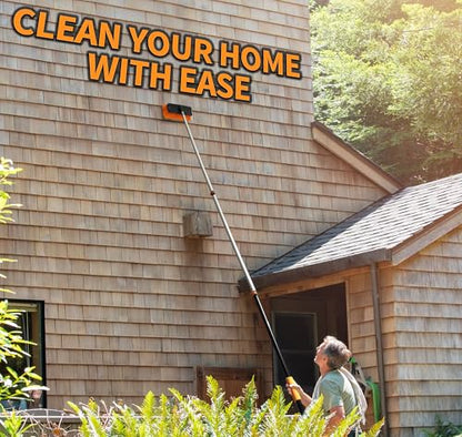 14 Foot Exterior House Cleaning Brush Set with 5-8 ft Extension Pole & Chenile Microfiber Wash Mitt // Vinyl Siding Brushes with Telescopic Pole & Window Squeegee Tool // Extension Scrub Brush Set