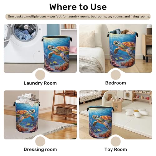 Sea Turtle Large Clothes Hamper Bag - Laundry Basket with Handles, Space Saving Foldable Design for Nursery - color: Sea Turtle