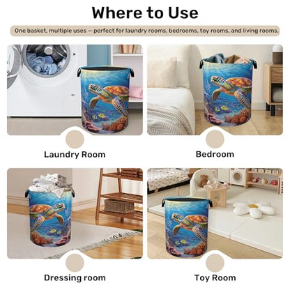 Sea Turtle Large Clothes Hamper Bag - Laundry Basket with Handles, Space Saving Foldable Design for Nursery - color: Sea Turtle