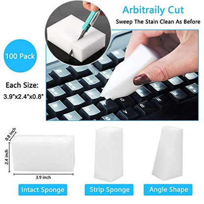 100Pack Magic Sponge Eraser | Premium Melamine Sponge Foam | Multi-Functional Household Cleaning Sponge for Kitchen, Sink, Bathrooms, Walls, Vehicles, Shoes | No Scratch Cleaning Pads