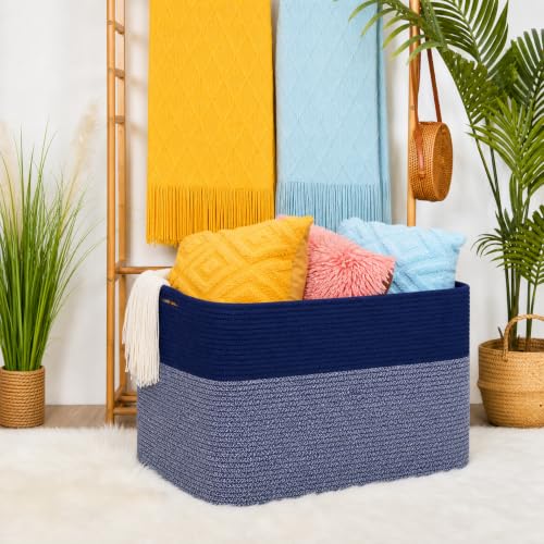 MINTWOOD Design 112L Extra Large Blanket Basket Holder Living Room, 25"x17"x16" Rectangle Rope Woven Storage Basket with Handles for Laundry, Towels, Shoes, Dog Toy Organizer Bin Box, Navy Blue - color: Navy Blue