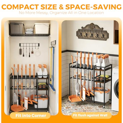 Broom Holder Cleaning Cart with Cleaning Supplies Organizer – 12 Grippers, 8 Hooks, 2 Mesh & 2 Board Racks, Large Grid Base, 4 Wheels – Rolling Storage for Home Laundry Room Organization