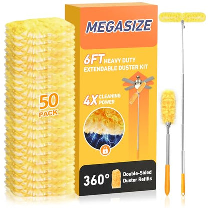 6 ft Long Handle Extendable Duster with 50 Refills for Swiffer Duster, Heavy Duty 360° Microfiber Dusting Kit for High Ceilings, Ceiling Fans, Tall Windows, and Hard-to-Reach Areas - color: 50 Refills & 1 Long Handle