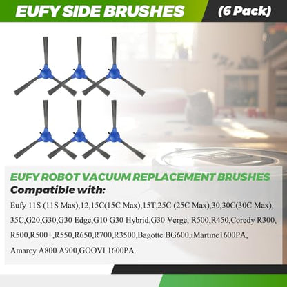 Side Brush - Replacement for Eufy RoboVac 11S, 12, 15T, 15C, 25C, 30, 30C, 35C, 11S Max & 25C Max. G10, G20, G30, Edge, G30 Hybrid, Robot Vacuum Replacement - 6Pack