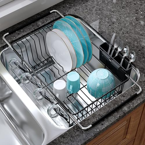 JASIWAY Black Dish Drying Rack in Sink, Dish Drainer with Utensil Holder - color: Black, size: For 12"-30"w Sink