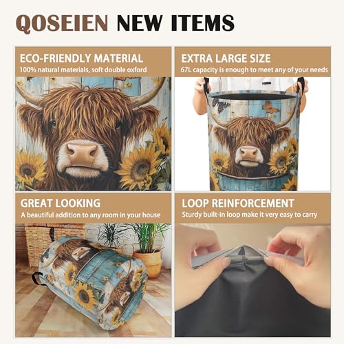 Large Laundry Basket,Highland Cow Collapsible Laundry Baskets,Sunflower Butterfly Waterproof Oxford Hamper with Handles for Bathroom Bedroom Nursery Home Storage 16"x20" - color: Highland Cow,Sunflower Butterfly,Blue Wooden