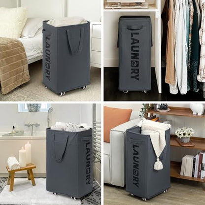 Goodpick 2-Pack Laundry Basket with Wheels & Wash Bag, Hamper for Dorm, 75L - color: Grey 2-Pack