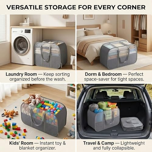 150L Collapsible Laundry Basket, 3-Compartment Hamper, Grey