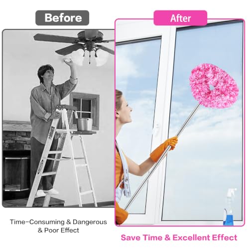 Ceiling Fan Cleaner Duster Reusable Microfiber Ceiling Fan Blade Cleaner Removable Duster with Extension Pole Adjusts 13 to 49.7 Inch for Cleaning Walls Furniture Door Window Top (Rosy White) - color: Rosy White