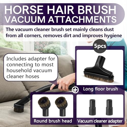 5PCS Horse Hair Brush Vacuum Attachment Set - Black Round Vacuum Attachments & Brushes - 5.9 In Long Floor Brush & Shop Vac Brush Attachment - 1 1/4" Vacuum Cleaner Adapter Included - color: 5-Pack-L