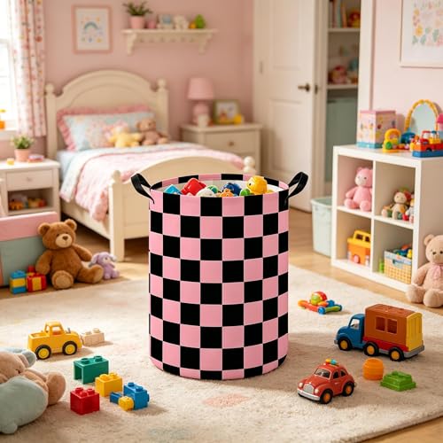 Baby Laundry hamper,Kids Laundry Basket,Baby Nursery Hamper,Waterproof foldable laundry basket for boys and girls,toy storage box,Kid Room Decor(Pink Black grid) - color: Pink Black grid
