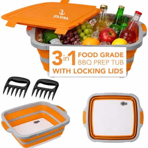 Collapsible BBQ Prep Tub with Lid & meat claws – 8L Multifunctional Food & Meat Prep Basin for Vegetables, Fruits, Washing, Storage and Outdoor Cooking