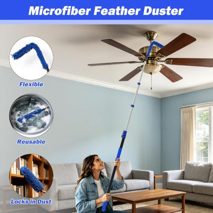 26FT Reach Duster Kits, Window Cleaning kit with 5-20FT Telescoping Extension Pole, Cobweb Duster, Washable Fan Duster for Ceiling, Window Squeegee for Glass and Microfiber Feather Duster - size: 20FT