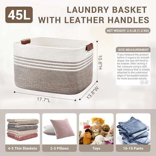 45L Woven Laundry Basket Hamper with Leather Handles,Dark Brown - color: Dark Brown, size: 45L