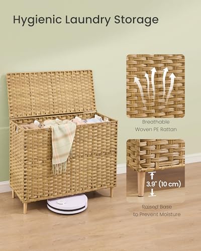 SONGMICS 4-SectionLaundry Hamper With Lid, PE Rattan, 55.5 Gallons (210 L) - color: Goose Yellow, size: 210 L (4 Basket)