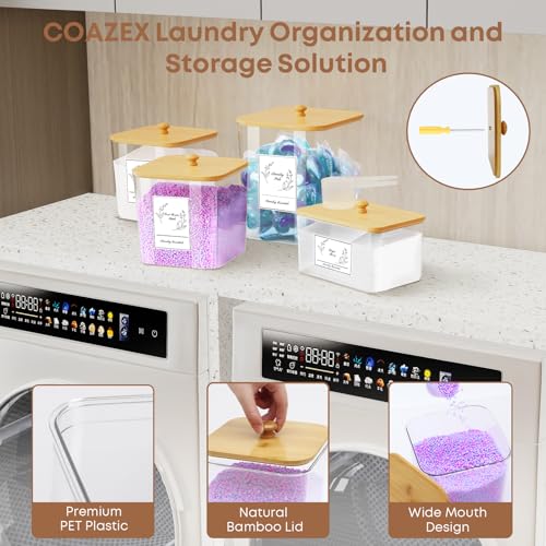 COAZEX 4 Pack Clear Laundry Pods Container & Dryer Sheet Holder,Bamboo Lids - color: Bamboo-Square-White Labels