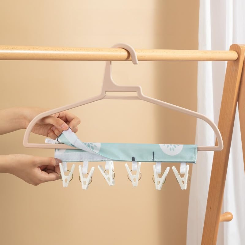 1pc Tree Print Foldable Travel Hanger Portable Fabric Space Saving Hanging Clothes Drying Rack with 6 Clips and Hook Loop Fastener - color: L-blue