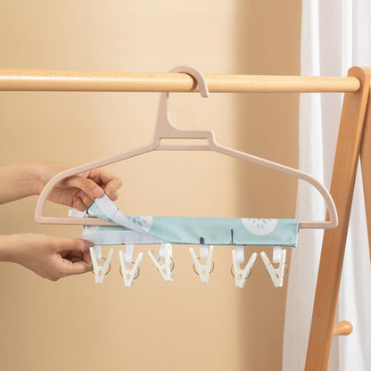1pc Tree Print Foldable Travel Hanger Portable Fabric Space Saving Hanging Clothes Drying Rack with 6 Clips and Hook Loop Fastener - color: L-blue