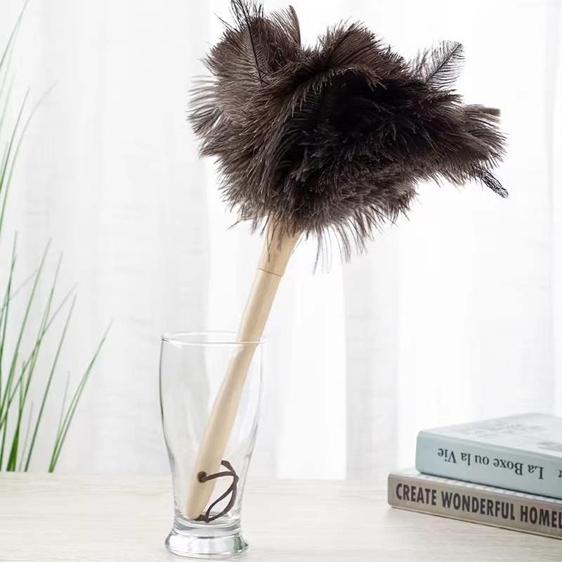 YF-ANEN Dust Artifact Ostrich Feather Duster, Natural Ostrich Feather with Wooden Handle and Eco-Friendly Reusable Duster Cleaning Supplies, Brown