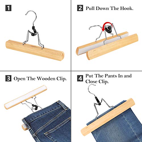 AMKUFO 20 Pack Natural Wooden Pants Hangers with Clips Non Slip Skirt Hangers Trouser Clamp Hanger Solid Wood Hanger with 360° Swivel Hook - color: Natural, size: 20 Pack